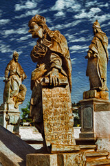 Statues in Baroque style carved by Aleijadinho at the Sanctuary of Bom Jesus de Matosinhos, in Congonhas do Campo, Brazil. Oil paint filter.