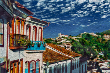 Charming facade of old houses, in alley on a slope at Ouro Preto. A village with amazing Baroque colonial architecture in Brazil. Oil paint filter.