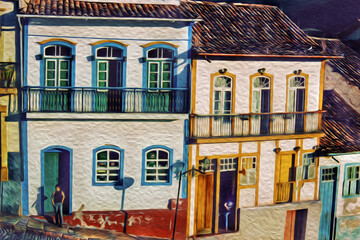 Charming facade of old houses, in alley on a slope at Ouro Preto. A village with amazing Baroque colonial architecture in Brazil. Oil paint filter.