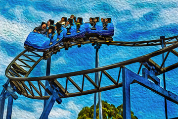 People on a blue cart having fun on roller coaster in an amusement park near Canela. A small town in southern Brazil. Oil paint filter.