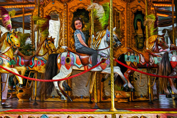 Happy child riding a horse from carousel at sunset in the city of Florence. The amazing capital of the Italian Renaissance. Oil paint filter.