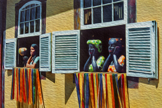 Windows with typical clay busts in the shape of women, in Ouro Preto. A village with amazing Baroque colonial architecture in Brazil. Oil paint filter