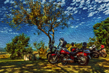 Several parked motorcycles under trees shade, in a sunny day near Pardinho. A small town in the countryside of Brazil. Oil paint filter.