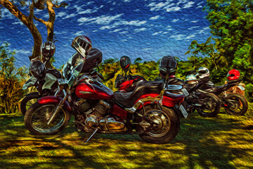 Several parked motorcycles under trees shade, in a sunny day near Pardinho. A small town in the countryside of Brazil. Oil paint filter.