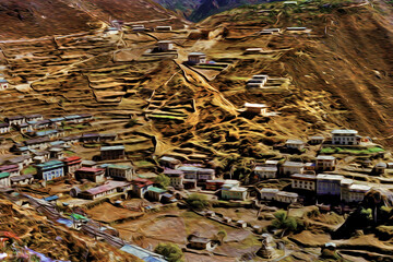 Small village at the bottom of mountains and rocky valleys at the Himalayas. The world largest and highest mountain range, in Nepal. Oil Paint filter.