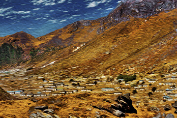 Small village at the bottom of mountains and rocky valleys at the Himalayas. The world largest and highest mountain range, in Nepal. Oil Paint filter.