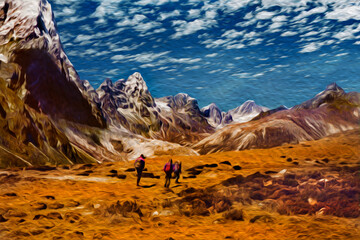 People in a trail through cliffs and deep valleys at the Himalaya Ridge. The world largest and highest mountain range, in Nepal. Oil Paint filter.