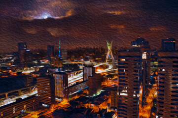 Night view of the city skyline with full moon in Sao Paulo. The gigantic city, famous for its cultural and business vocation. Oil paint filter.