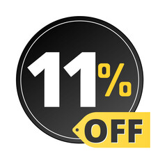 11% off limited special offer. Discount banner in black and yellow circular balloon. Eleven