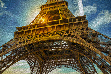 Bottom view of iron made Eiffel Tower, with sunlight passing through, in Paris. The charming capital of France. Oil paint filter.