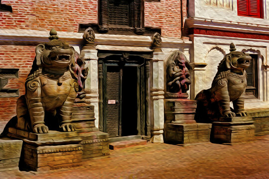 Doorway with statues representing mythological beasts in a townhouse facade of Katmandu. The exotic and chaotic capital of Nepal. Oil paint filter.