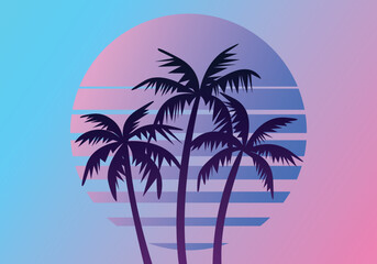 Fototapeta na wymiar Retro futuristic palm trees in 80s style at sunset. Summer time, palm trees on the background of the sun, retro style. Design for advertising brochures and banners. Retro 90s, bright background