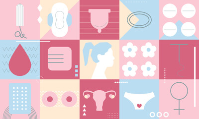 Period days. Feminine hygiene products. Menstrual cycle and menstrual products. Pad, Menstrual Cup, Tampon and Blood. Menstrual flow. Woman's body health care vector illustration