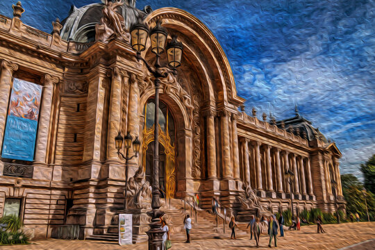People and garden in front the Petit Palais in the City center of Paris. The charming capital of France. Oil paint filter.
