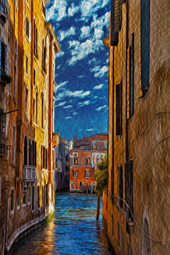 Buildings on a canal that ends on another canal at sunset in Venice. The historic and amazing marine city in northern Italy. Oil paint filter.