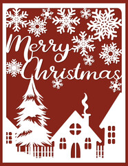 Merry Christmas card, paper cutting template, paper cut style. Christmas Banner, Merry Christmas Background,  Holiday Greeting Card. 