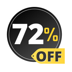 72% off limited special offer. Discount banner in black and yellow circular balloon. Seventy two