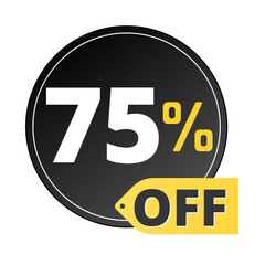 75% off limited special offer. Discount banner in black and yellow circular balloon. Seventy-five 
