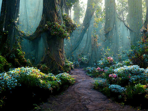 Mysterious forest illustration with paths surrounded by trees, flowers and misty nature. Magical and enchanted style. Digital painting
