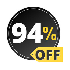 94% off limited special offer. Discount banner in black and yellow circular balloon. Ninety-four 