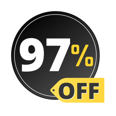 97% off limited special offer. Discount banner in black and yellow circular balloon. Ninety-seven