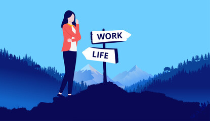 Woman work life choice - Female person standing by crossroad signpost trying to choose between working and living life. Flat design vector illustration © Knut