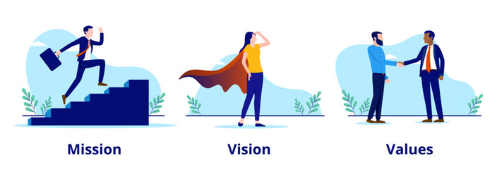 Mission vision values vector collection - Three business strategy illustrations of businesspeople, running up stairs, scouting and shaking hands. Flat design illustration with white background © Knut