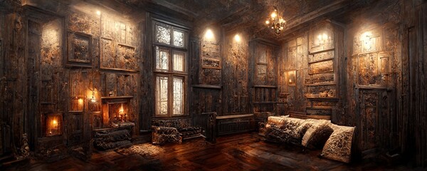 very old victorian mansion living room interior mockup with retro fireplace - obrazy, fototapety, plakaty