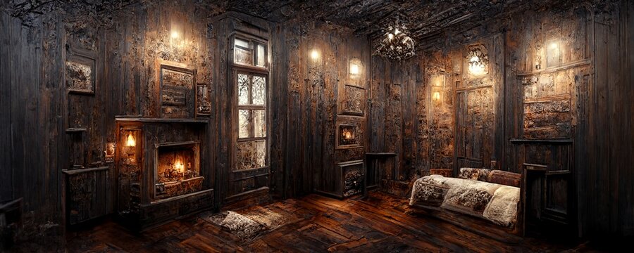 very old victorian mansion living room interior mockup with fireplace