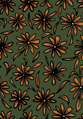 Hand drawn winter flowers with leaves seamless repeat pattern. Random placed, vector florals all over surface print on green background.