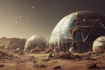 Shattered glass domes in a destroyed Mars colony. Martian greenhouse destroyed after hit by swarm of small meteorites