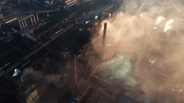 Industrial plant pipe chemical heavy smoke air pollution ecology disaster global warming aerial view