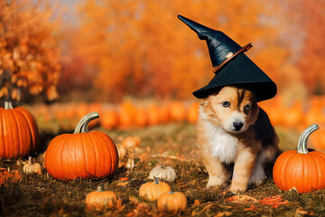 Cute sad puppy in witch hat with pumpkins