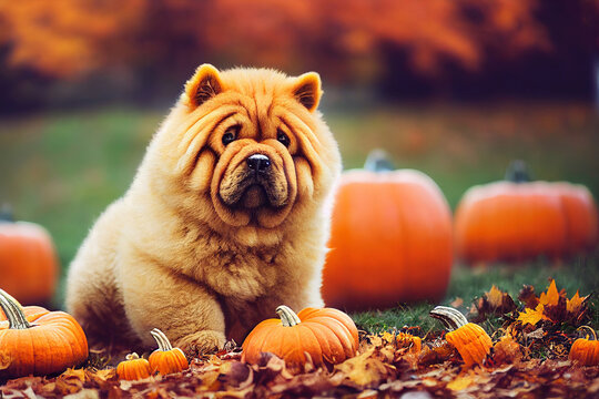 Chow Pupppy In Autumn Pumpkin Patch