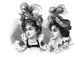 Women wearing retro style elegant hat Vintage fashion engraving