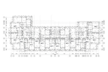 Multistory building detailed architectural technical drawing, vector blueprint floorplan layout