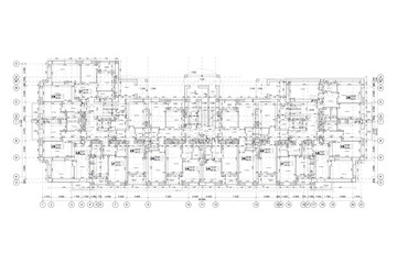 Multistory building detailed architectural technical drawing, vector blueprint floorplan layout