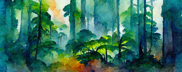 Computer-generated tropical landscape illustration. watercolors, acrylics and ink. CGI.