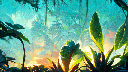 Fototapeta na wymiar Computer-generated tropical landscape illustration. watercolors, acrylics and ink. CGI.