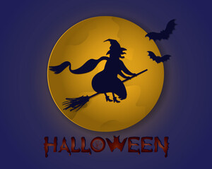 Halloween night background image with witch and bats on full moon background. Vector elements for a banner, greeting card, poster in honor of Halloween.
