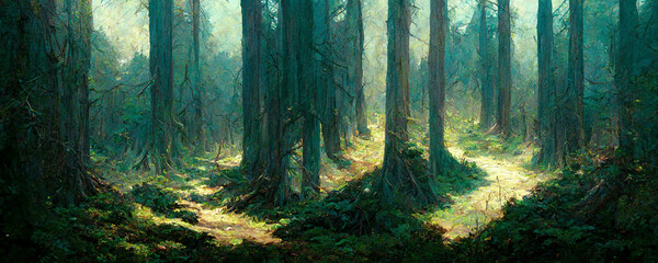 Obraz premium Lovely magic colored blurred foggy forest trees with illustrated abstract bokeh light.