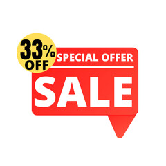 33% Off. Red Sale Tag Speech Bubble Set. special discount offer, thirty three 