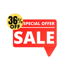 36% Off. Red Sale Tag Speech Bubble Set. special discount offer, Thirty-six