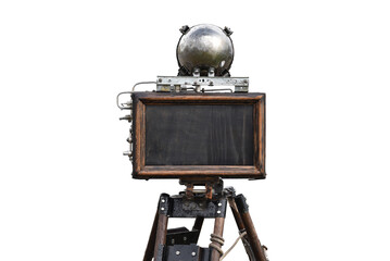 vintage film camera large format on tripod with chalkboard instead of viewfinder in steampunk style