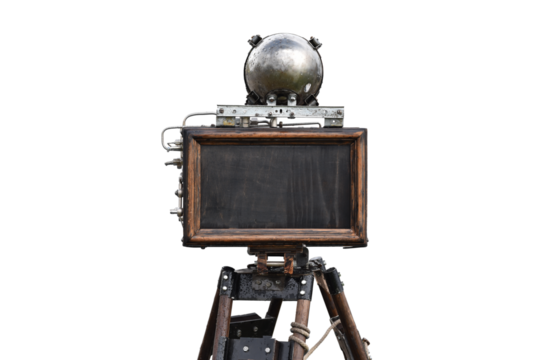 vintage film camera large format on tripod with chalkboard instead of viewfinder in steampunk style