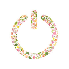 Floral power symbol made of beautiful flowers isolated on white background. Natural blooms sign of power concept. Beautiful natural flower shape of switch on standby