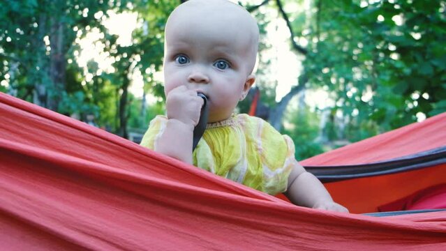 Portrait of curious funny little toddler child girl looking at camera. Daughter with her father resting in hammock. Family at backyard garden in summer sunny day.
