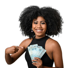 woman holding money, young smiling woman holding Brazilian money