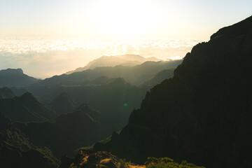 Fototapeta na wymiar Sunrise in the mountains of Madeira island, near the summit of highest mountain