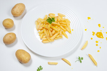 Delicious french fries inside a dish on top of a white background 